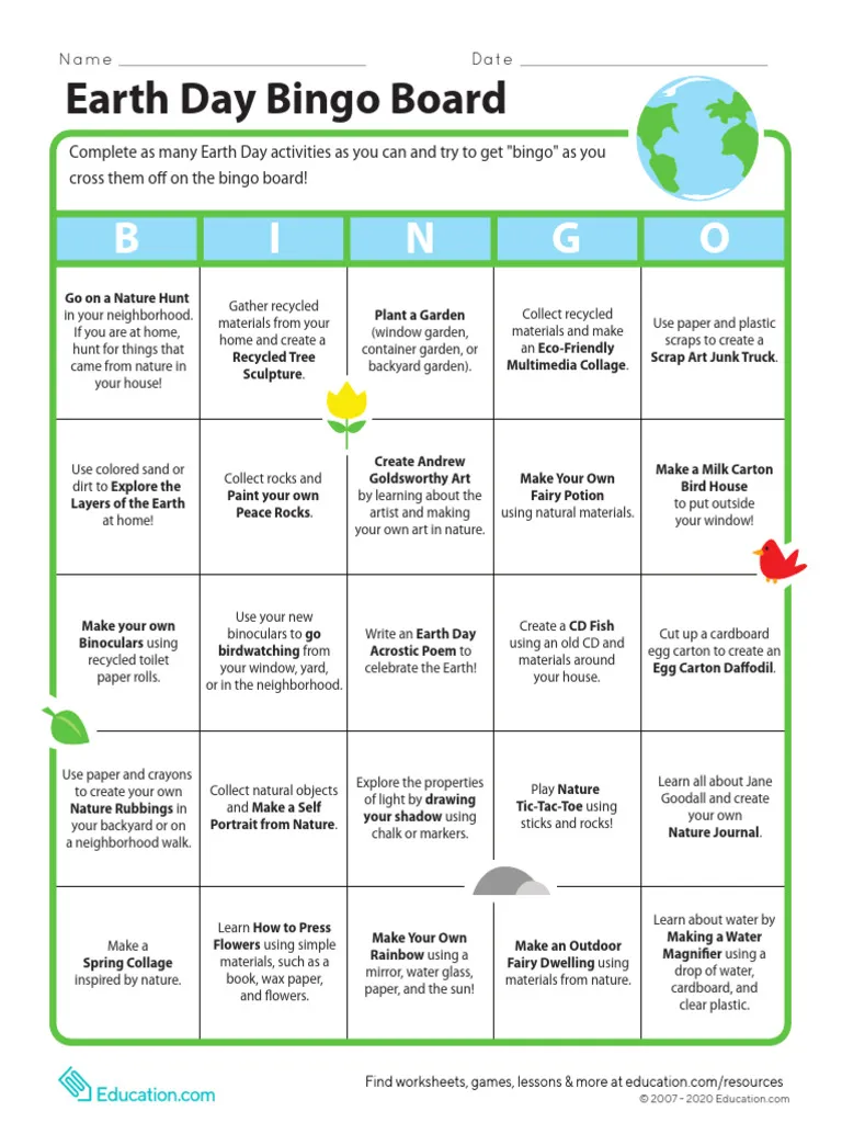 Earth Day Bingo board worksheet featuring nature-themed place value math activities for Pre-K students