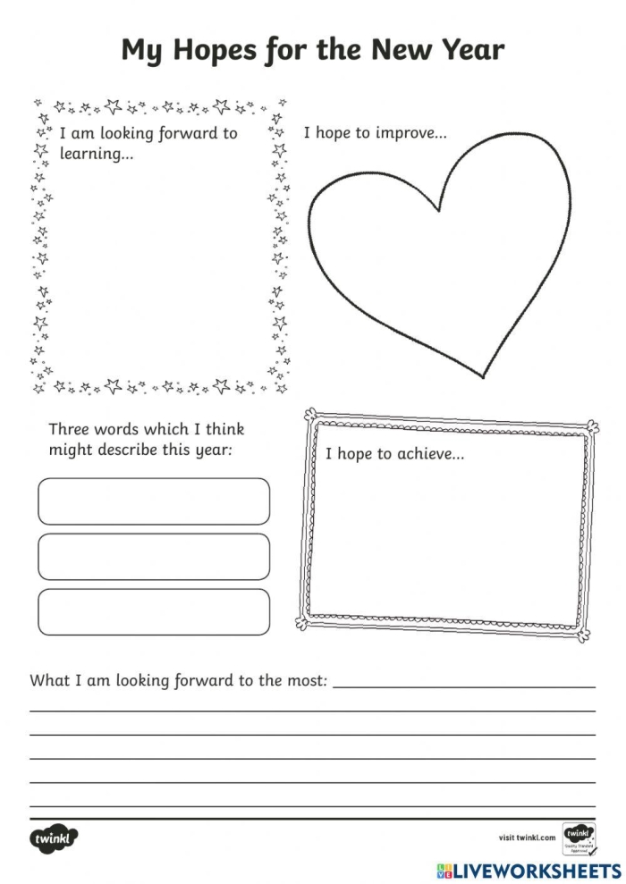 Three Goals for the New Year worksheet for Pre-K learners Worksheet featuring children’s drawings for setting New Year goals
