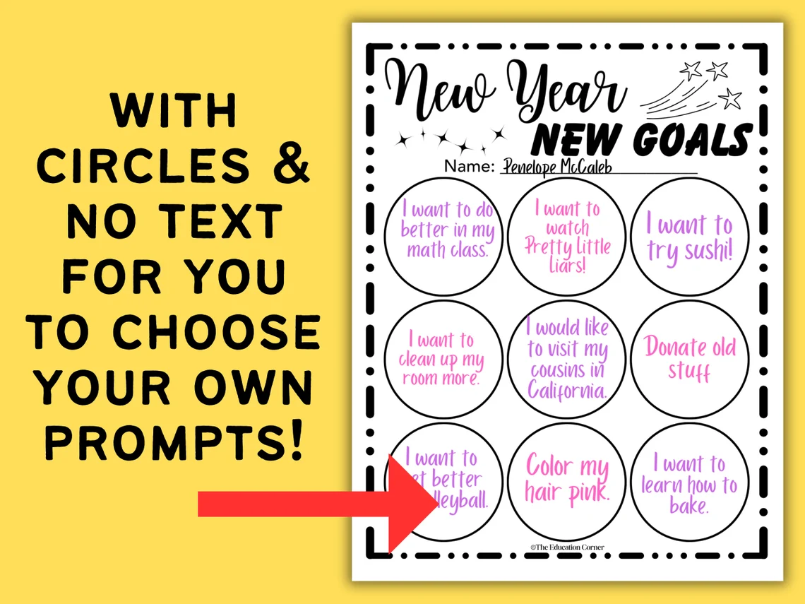 Three Goals for the New Year worksheet for early learners Worksheet for Pre-K children to set New Year goals with drawings and writing