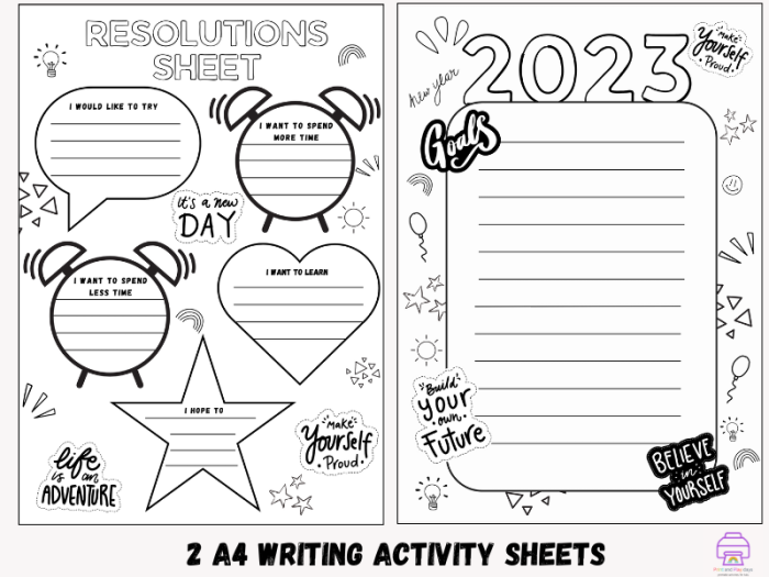 Three Goals for the New Year activity sheet for young learners Worksheet for setting New Year goals with drawings and writing for Pre-K children
