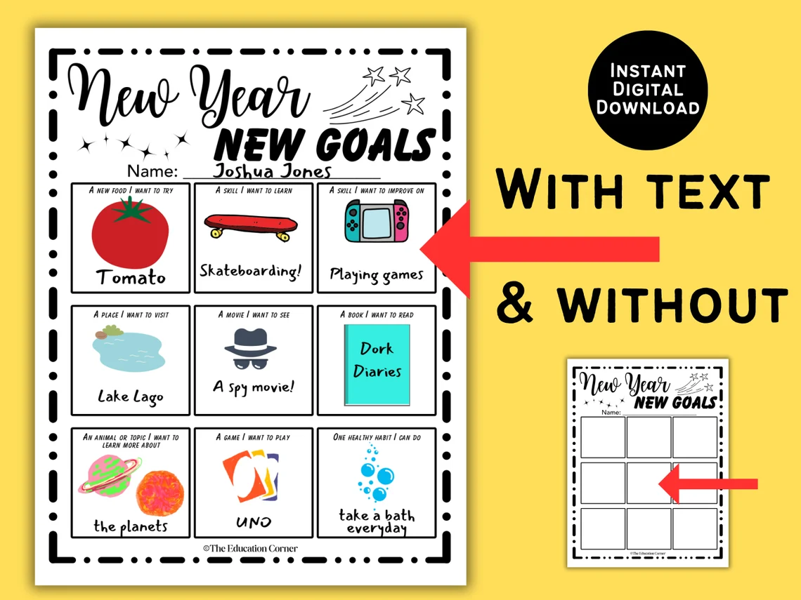 Three Goals for the New Year worksheet designed for young learners Worksheet for identifying new year goals through drawings and early writing for Pre-K kids
