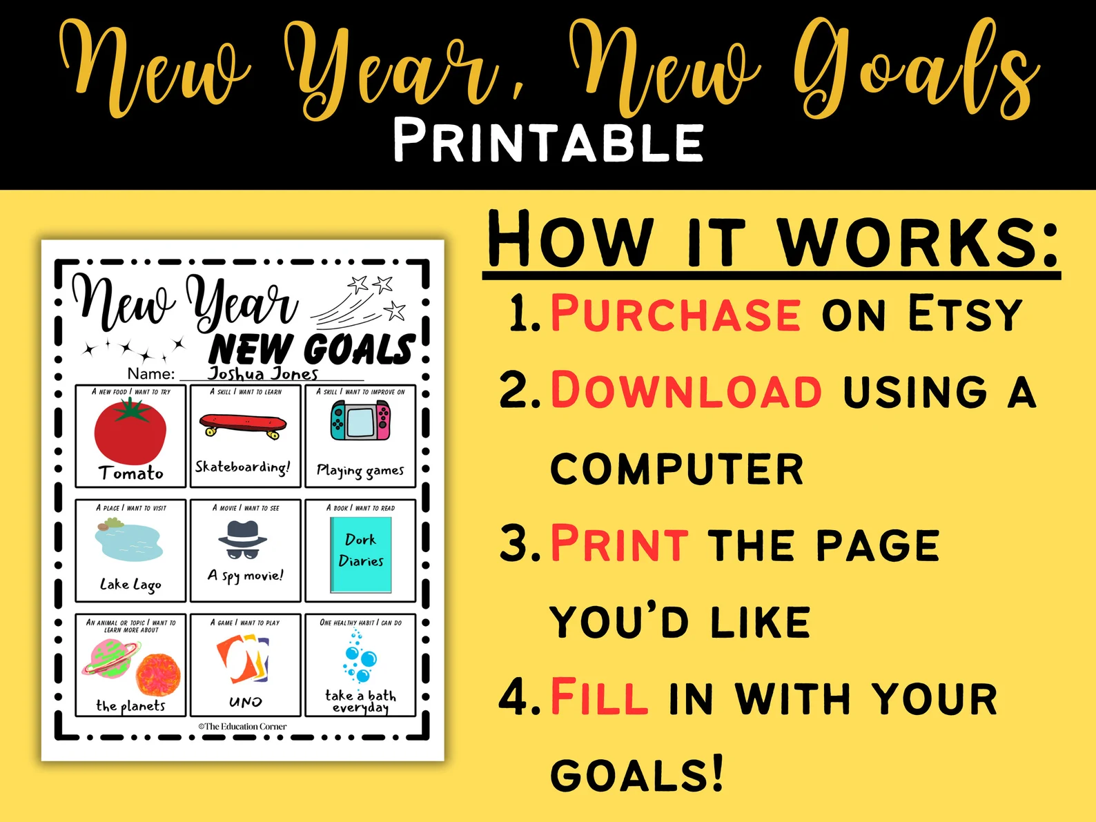 Engaging worksheet for young learners to set personal goals for the upcoming year Three Goals for the New Year worksheet featuring drawing and writing activities for Pre-K children