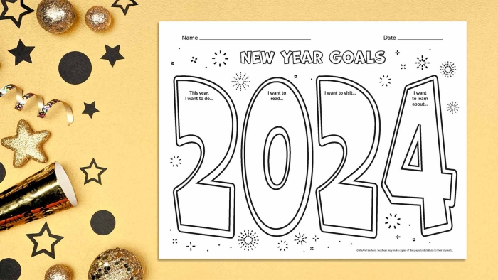 Three Goals for the New Year worksheet for young learners Worksheet for setting New Year goals with drawings and writing for Pre-K kids