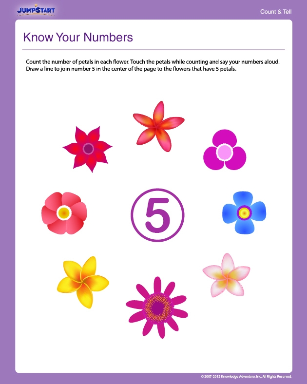 Educational image for the "Know Your Numbers: 4" worksheet in Geometry for Pre-K Worksheet for learning the number 4 featuring colorful shapes and counting activities