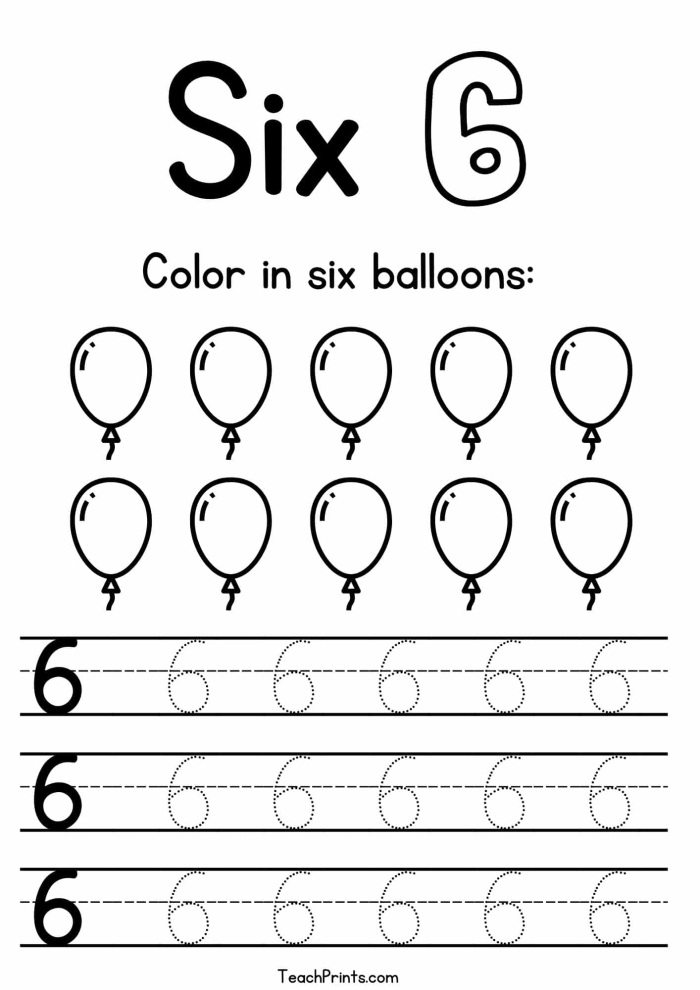 Worksheet for teaching the number 6 in Pre-K life science education