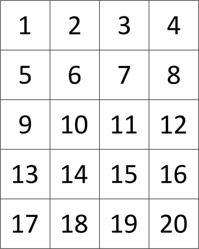 Pre-K printable number cards 1 to 20 for counting and ordering practice