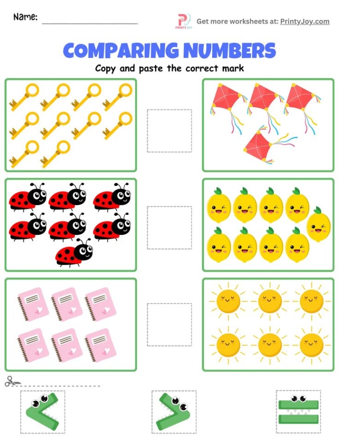 Comparing Numbers Assessment worksheet for young learners in Physical Science Worksheet assessing number comparison skills for Pre-K children focusing on quantities 0-10