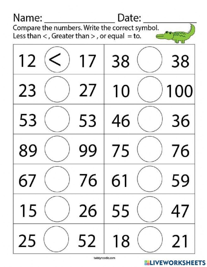 Comparing Numbers Assessment Worksheet for Pre-K Students Worksheet for assessing number comparison skills in pre-K children