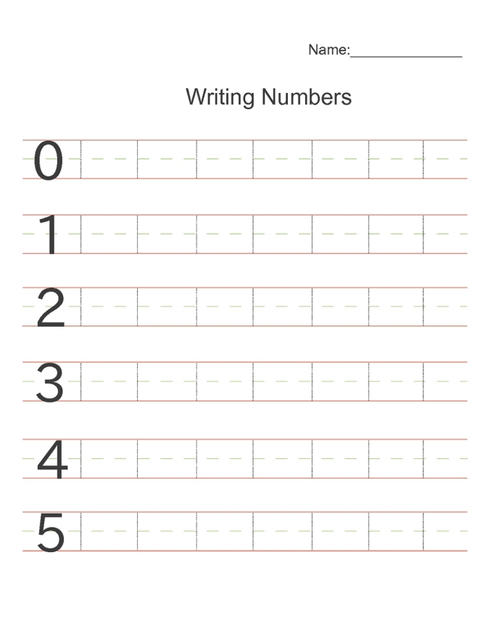 Pre-K student practicing writing numbers one through ten in different formats on a worksheet