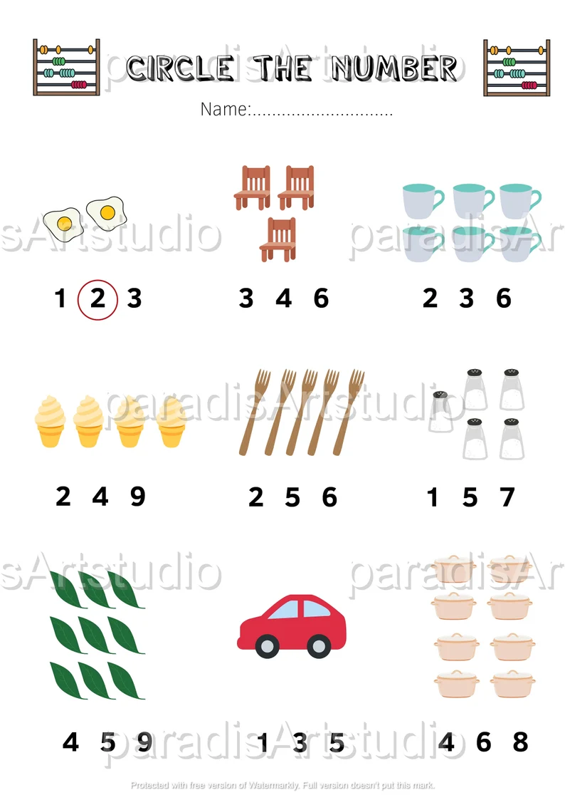 Worksheet featuring a "Circle the Number" activity for Pre-K students identifying numbers 0-10