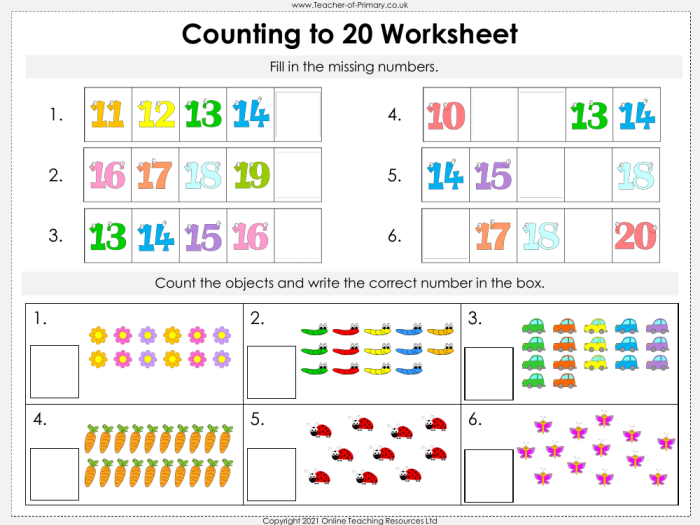 Counting to 20 Assessment Worksheet Number 7 Pre-K student counting to 20 assessment worksheet for algebraic development