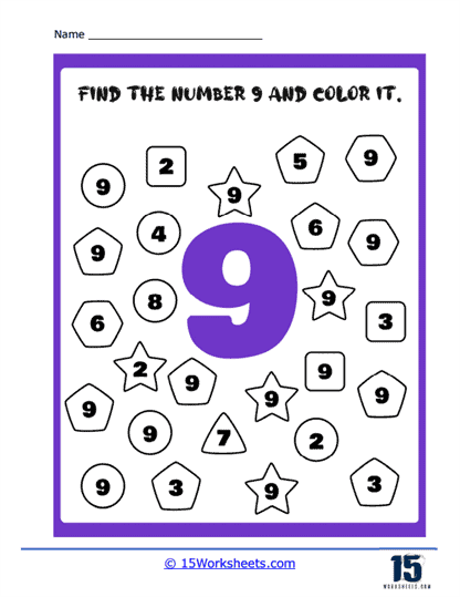 Colorful worksheet for pre-K students focused on learning the number 9