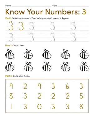 Pre-K early math worksheet focused on practicing the number 1 for children