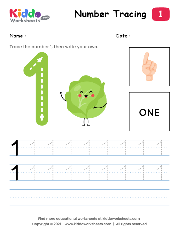 Pre-K math worksheet focused on identifying and writing the number 1