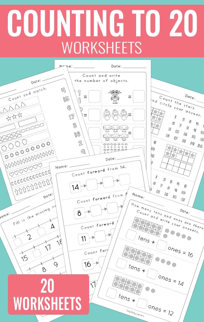Counting to 20 Assessment Worksheet for Early Learners Image 10 Pre-K students counting numbers one through twenty on an assessment worksheet with visual learning aids