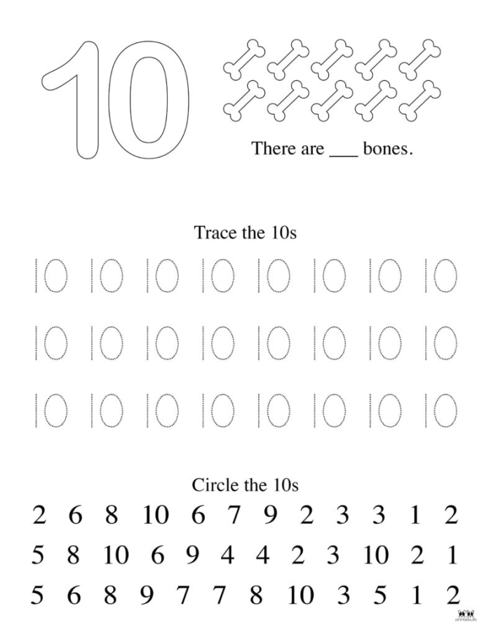 Pre-K worksheet helping children learn to count and write the number 10