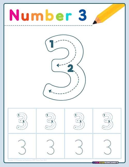 Worksheet for teaching the number 3 to Pre-K students