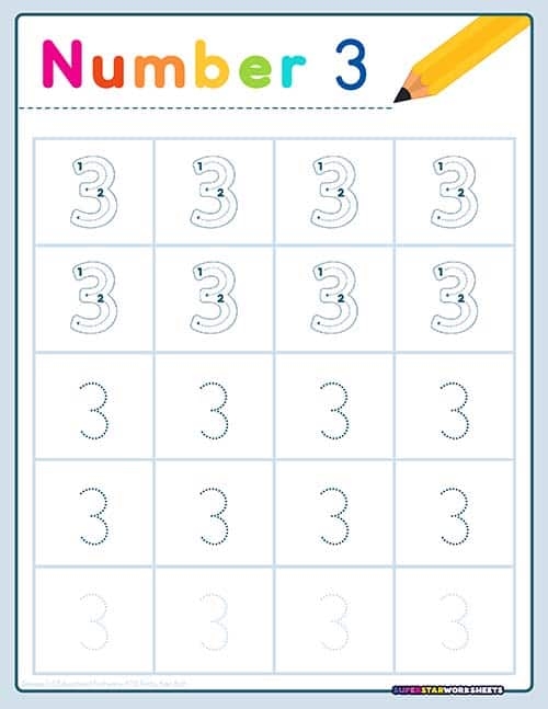 Worksheet for pre-K students to learn the number 3 through engaging activities