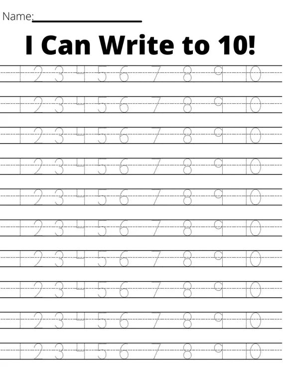 Pre-K number writing assessment worksheet for students learning to write numbers up to 10