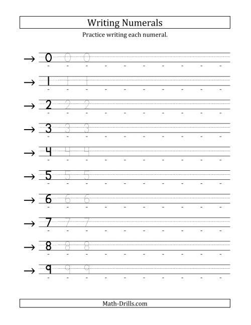 Worksheet for assessing number writing skills for Pre-K students up to 10