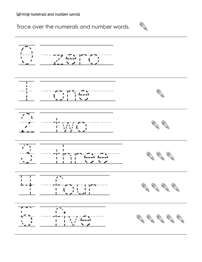 Pre-K student practicing number formation by writing the digits one through ten in different formats