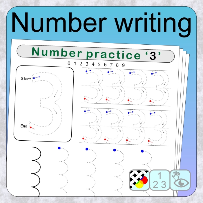 Pre-K student practicing writing numbers 1-10 in different formats on a worksheet activity