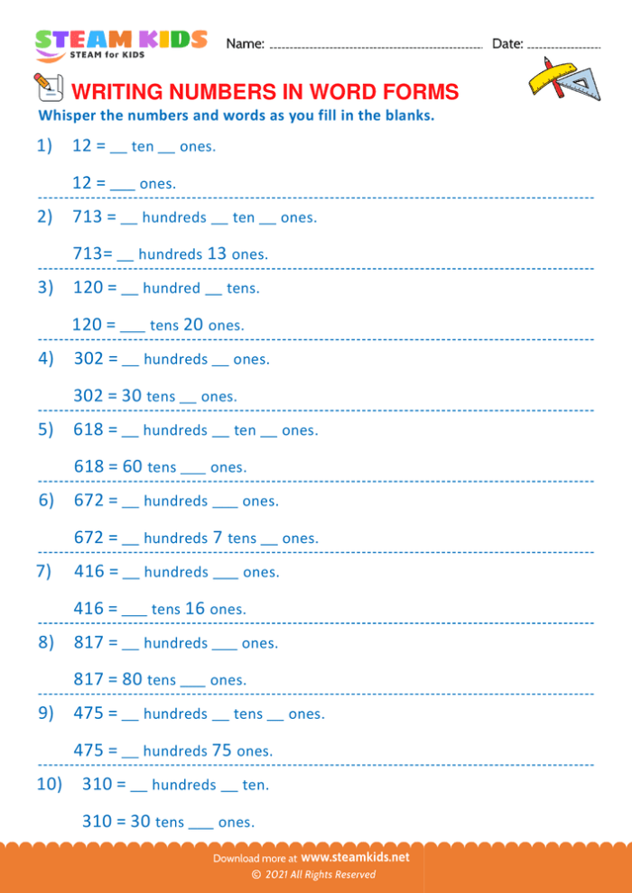 Pre-K worksheet page featuring practice space for students to write out the numbers one through ten in different formats