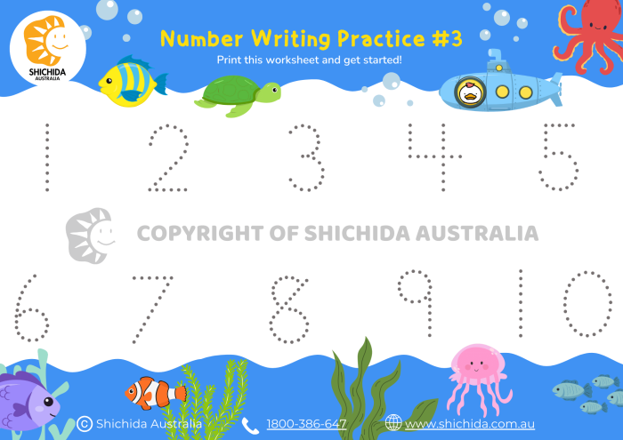 Pre-K student practicing writing the first ten numbers on a life science themed worksheet