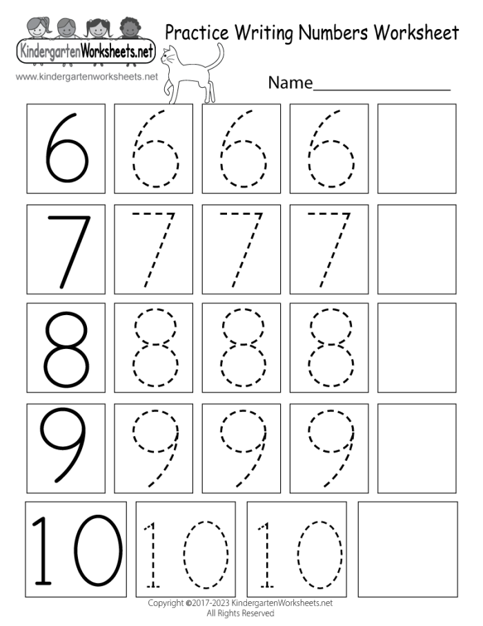 Pre-K number writing assessment worksheet for practicing digits one through ten