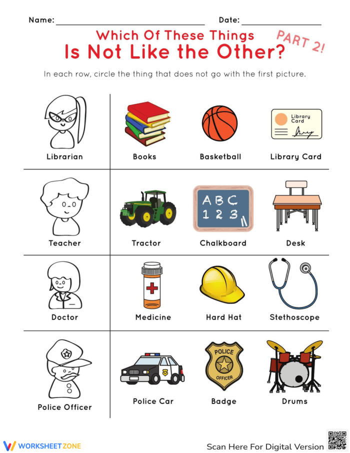 Children's worksheet for identifying the odd one out among community helpers in a place value activity