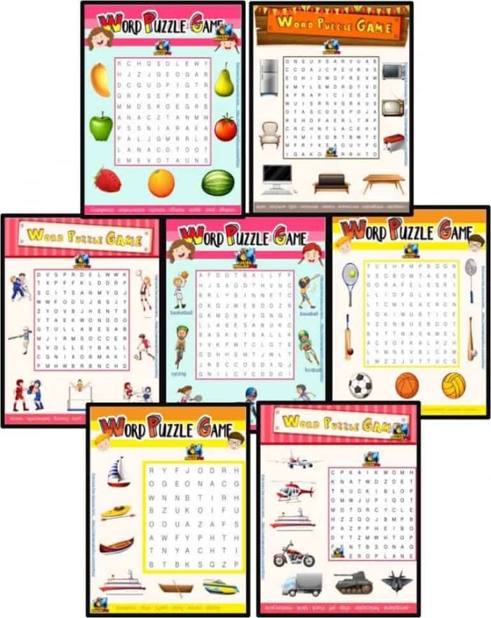 Pre-K word search worksheet featuring simple one syllable vocabulary words for early readers