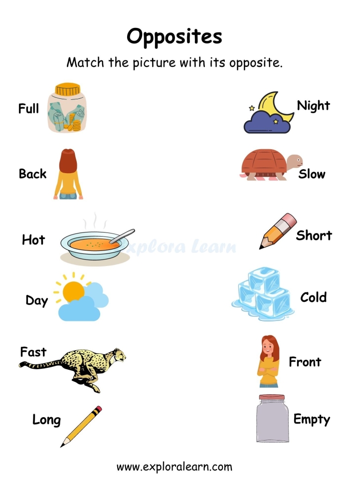 Worksheet featuring opposites for Pre-K children with images to match