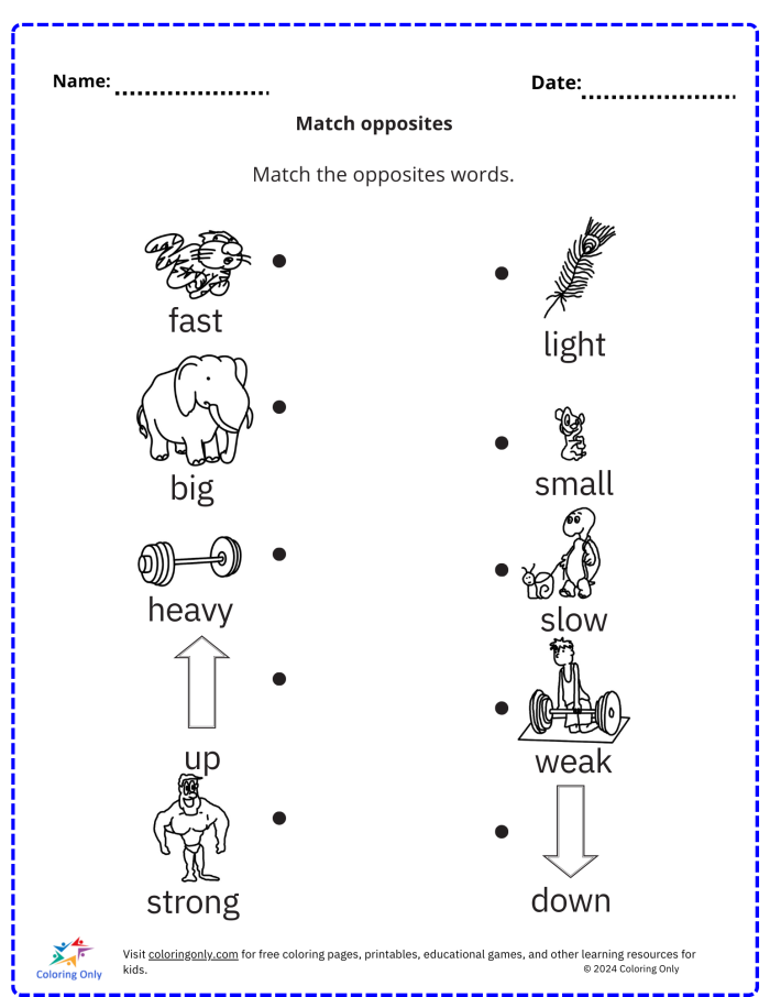 Pre-K worksheet page featuring picture matching exercises for opposites like sunrise and sunset 12
