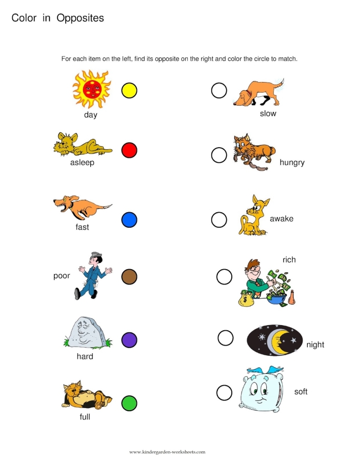 Pre-K worksheet page featuring colorful illustrations for children to match opposite sight words