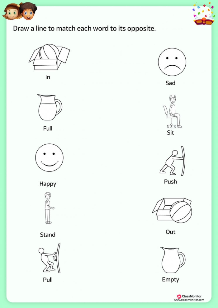 Pre-K worksheet activity featuring colorful pictures to help children identify and match common opposites