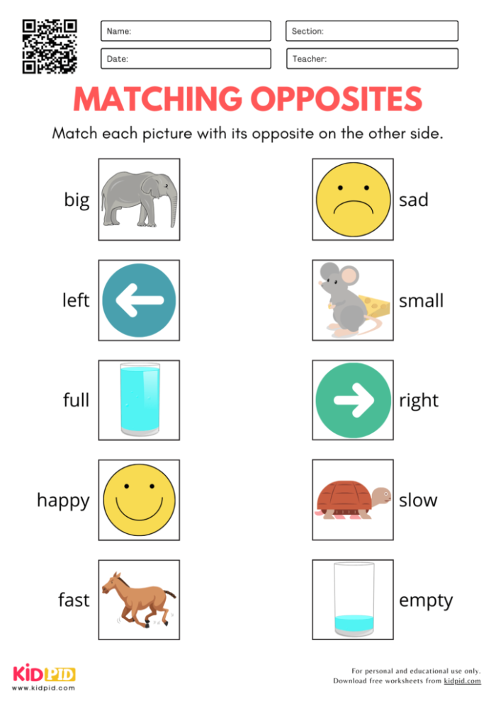 Pre-K worksheet page featuring colorful illustrations to help children learn about matching opposite concepts