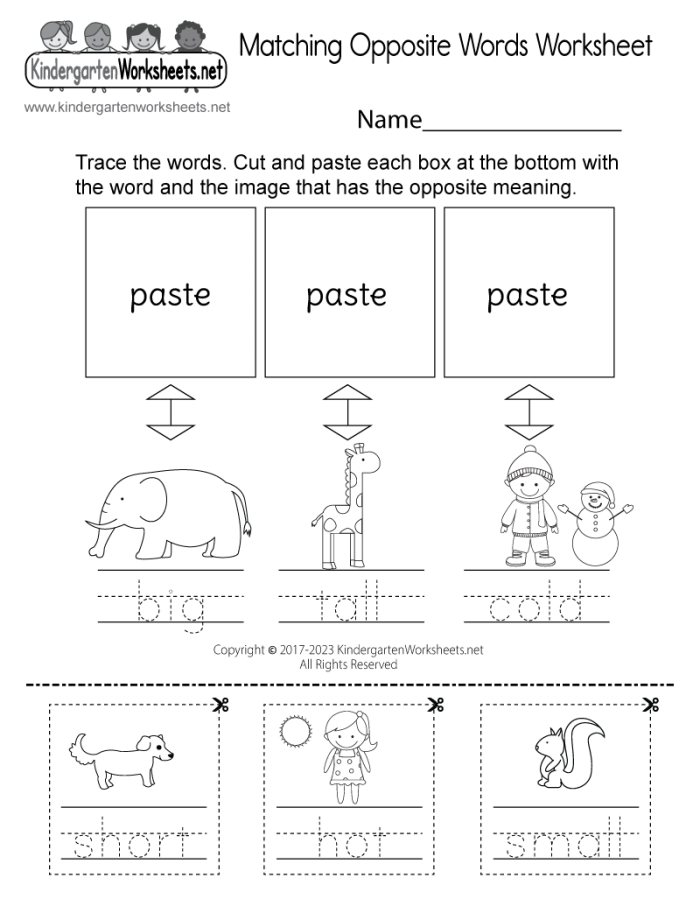 Worksheet featuring matching opposites activities for Pre-K children