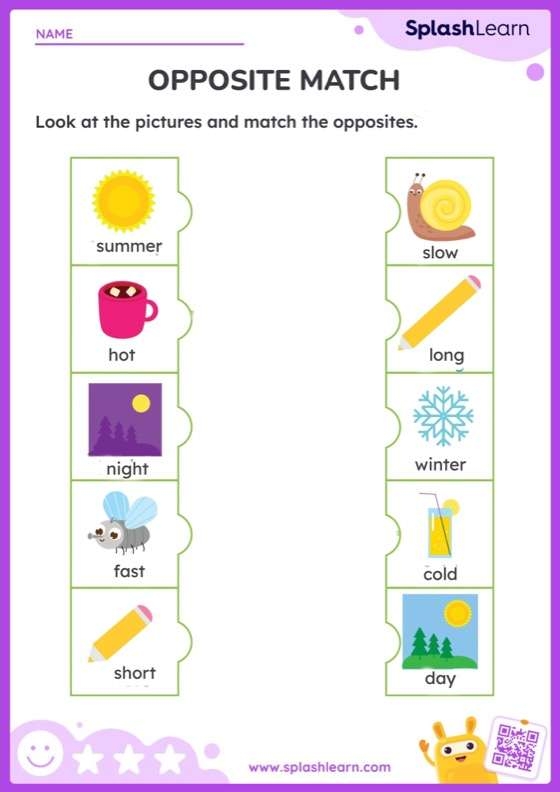 Worksheet featuring opposite concepts for Pre-K children