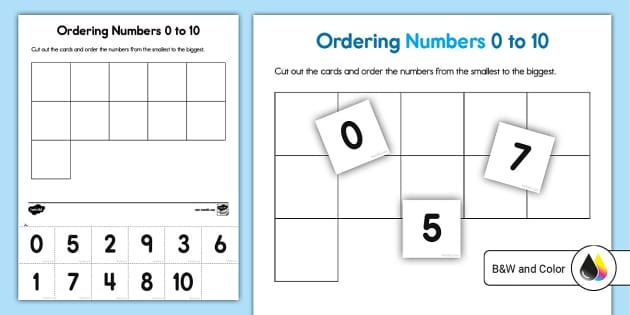 Counting numbers and ordering worksheet for fractions in Pre-K education Worksheet for ordering numbers up to 10 with counting dots for Pre-K students