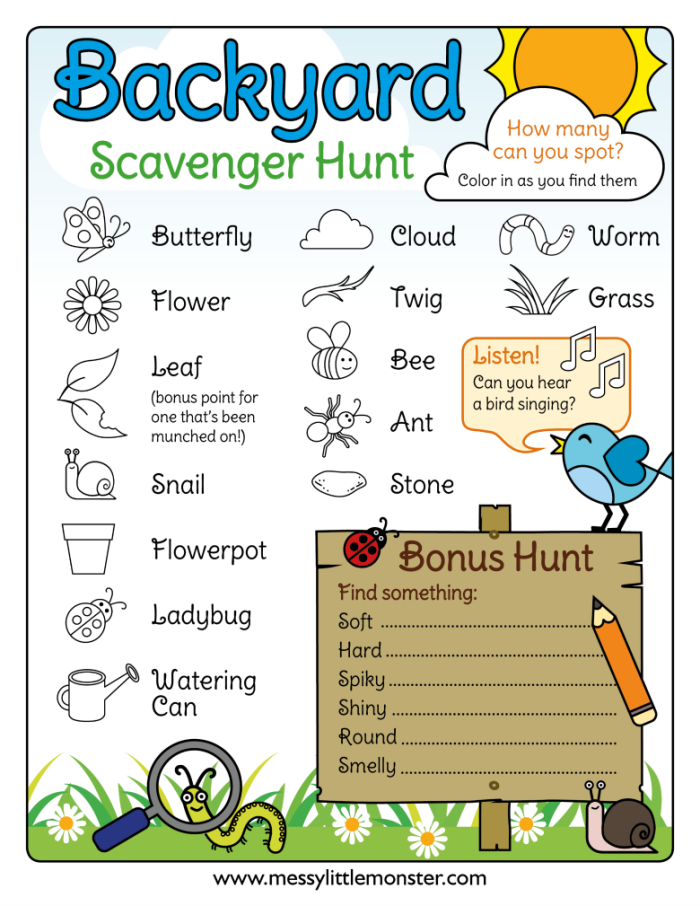 Pre-K nature observation printable worksheet twenty-four Colorful outdoor scavenger hunt worksheet for Pre-K students featuring number theory tasks 24