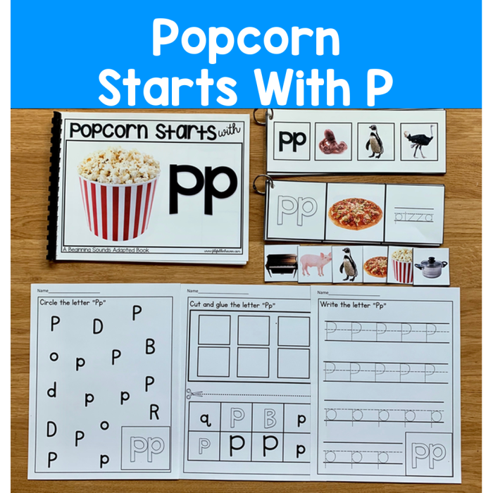 Colorful worksheet featuring items that begin with the letter P for Pre-K students