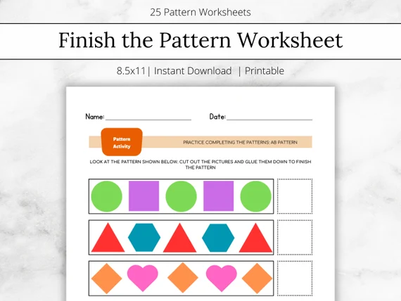 Preschooler drawing the next geometric shape in a colorful sequence for a pattern practice worksheet
