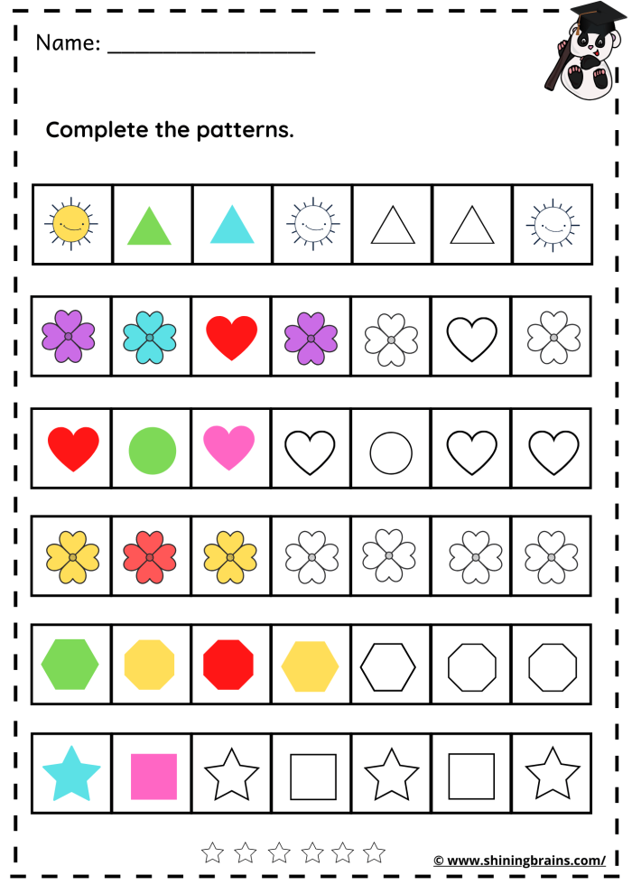 All About Patterns Measurement Worksheet 7 Pre-K math worksheet focused on identifying and completing patterns for assessment