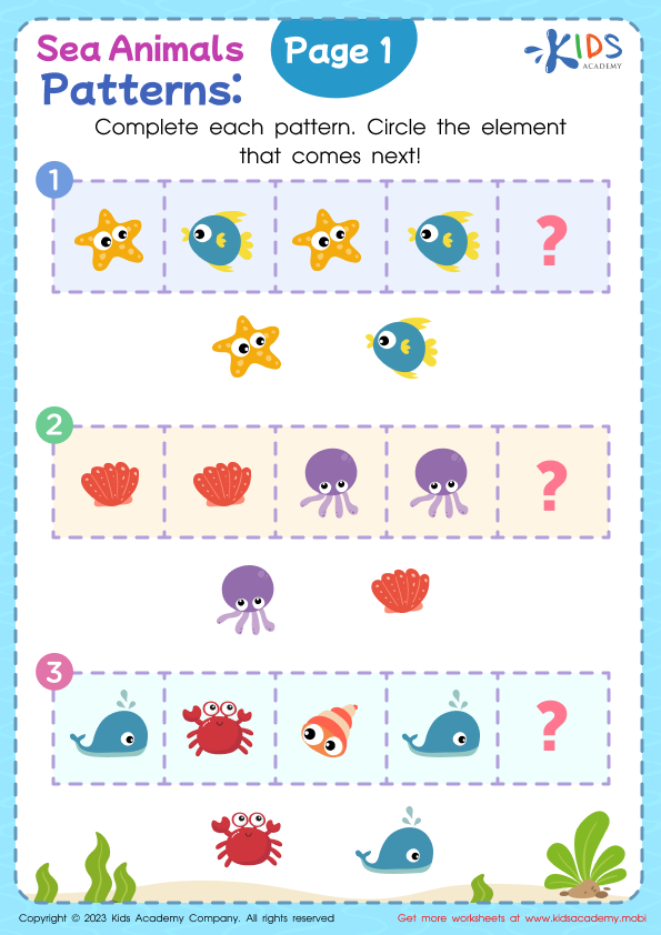 A row of animals dancing in different patterns with empty spaces for children to identify which animal comes next
