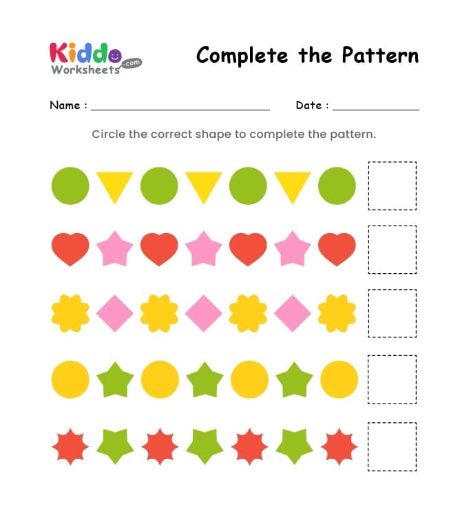 All About Patterns Math Worksheet for Preschool Learning Pre-K students identifying and completing color and shape patterns in a math assessment activity