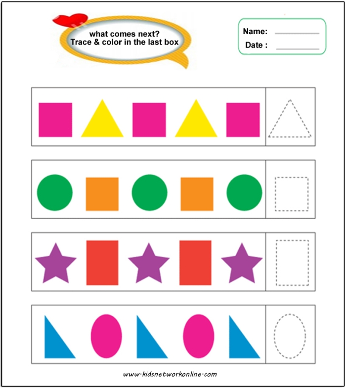 All About Patterns Assessment for Preschool Learners Image 4 Children completing pattern recognition activities with colorful shapes and sequences on a Pre-K math worksheet