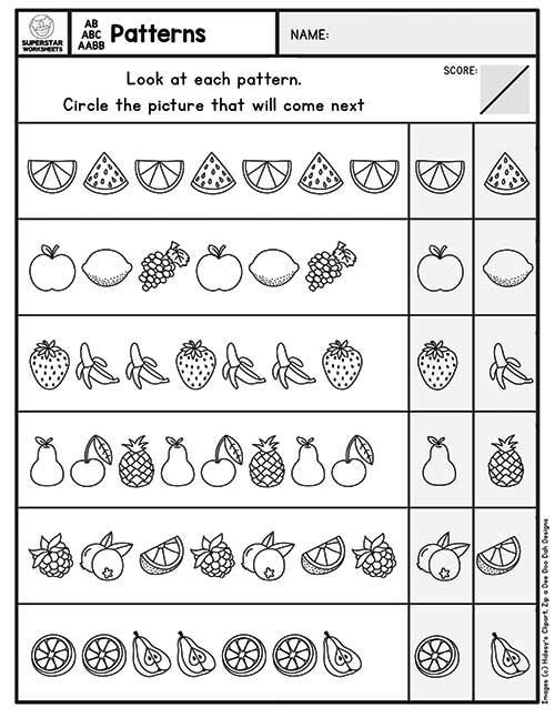 All About Patterns Assessment Worksheet for Preschool Mathematics Learning Pre-K students completing a pattern recognition activity with colorful shapes on a math worksheet