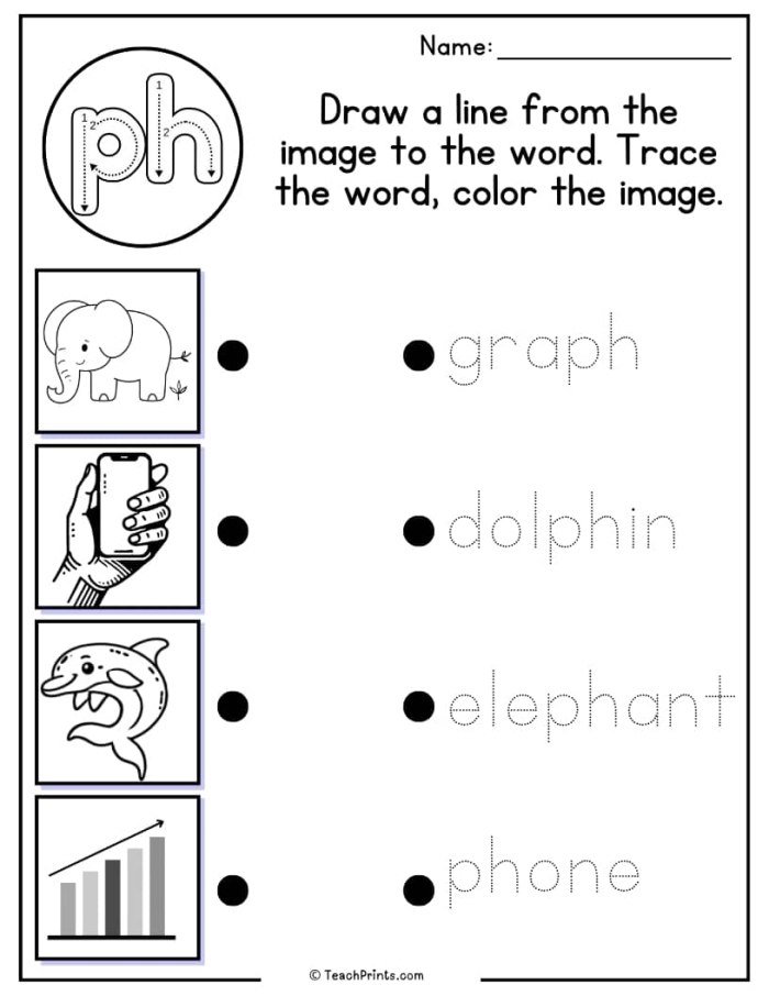 Worksheet featuring a fun activity for preschoolers to identify words beginning with the ph sound