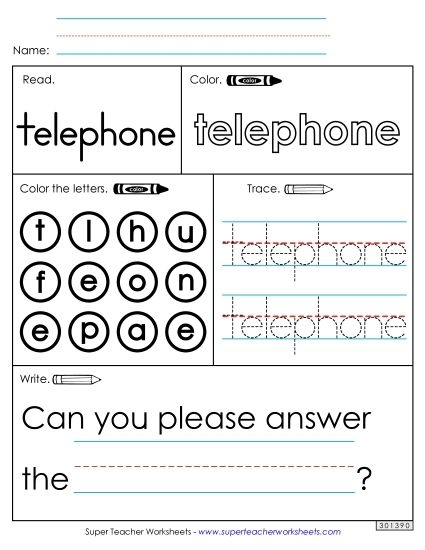 Pre-K worksheet template featuring a friendly phone graphic to help young children practice memorizing their personal phone number