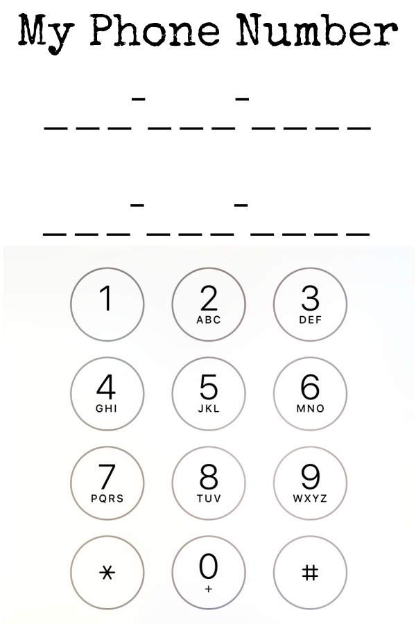 Printable worksheet template for children to practice writing their own phone number with a cute character illustration